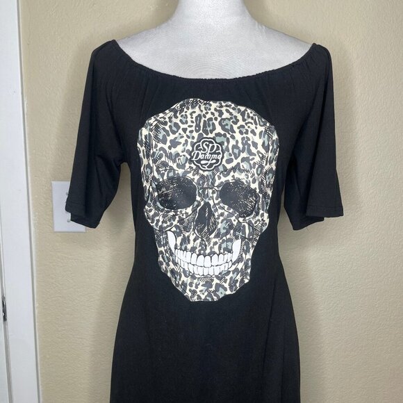 Chic Me Women's Black Cream Skull Off Shoulder Side Slit Maxi Dress Plus Sz XL - Picture 3 of 9
